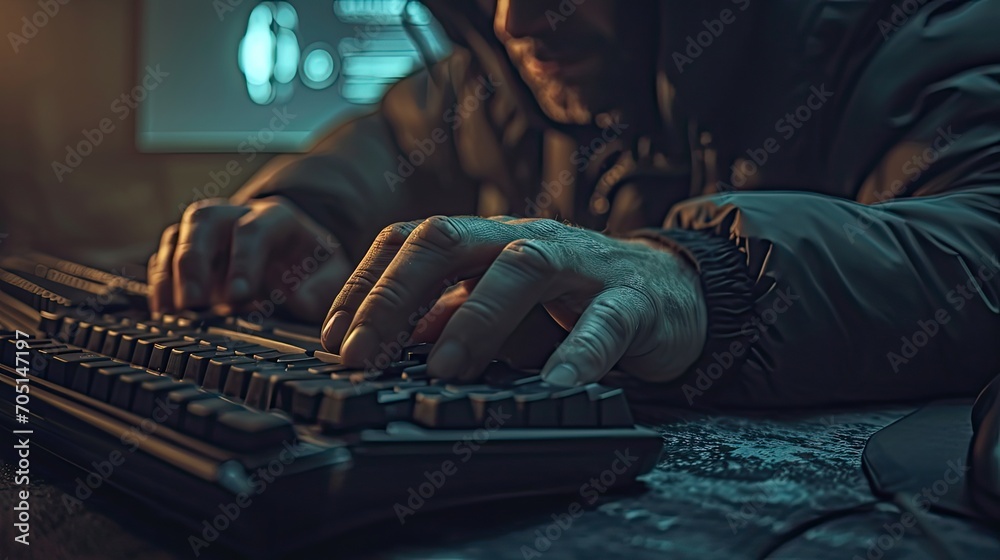 Poster hacker using laptop. lots of digits on the computer screen.