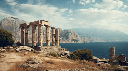 Ancient ruins on rock by sea. Greek or Roman city on a Mediterranean landscape.