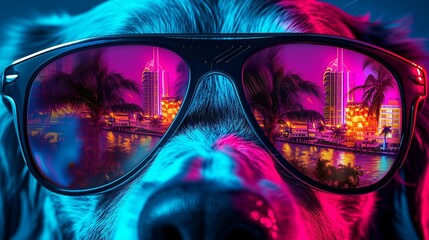 Trendy dog with mirrored sunglasses. Cool vacation vibes. Trendy fashionable neon colors.