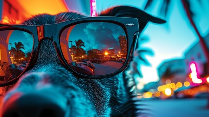 Trendy dog with mirrored sunglasses. Cool vacation vibes. Trendy fashionable neon colors.