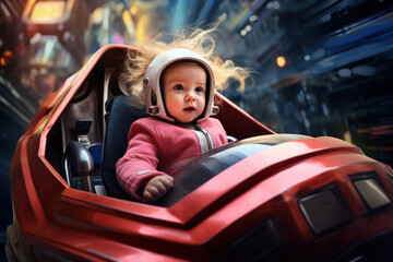 Bright futuristic illustration of a little girl driving a spaceship in the city