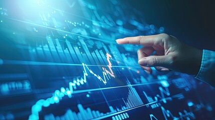 Fototapeta premium Hand pointing at abstract upward digital chart arrow on blue background. Finance concept