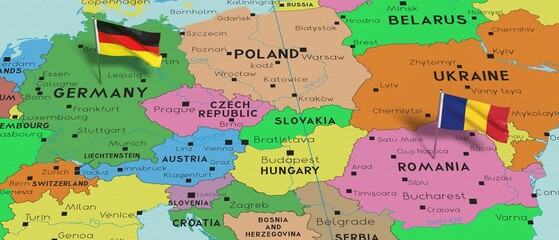 Germany and Romania - pin flags on political map - 3D illustration
