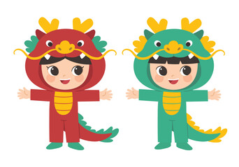 Happy Chinese New Year collection. Chinese boy and girl in dragon costume standing pose.