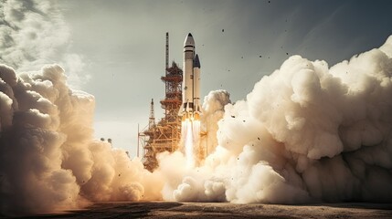 Take-off of space rocket at test site. Cosmodrome and launch of the spacecraft. Science and technology. - Powered by Adobe