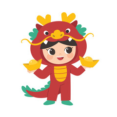 Happy Chinese New Year collection. Chinese girl in dragon costume standing pose with Gold.