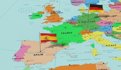 Germany and Spain - pin flags on political map - 3D illustration