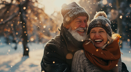 Laughing carefree couple of retirees spend time in winter forest, feel happy enjoy their love and harmonic relations on nature, sparkling falling snow, trees on background. Marriage, unity, affection - obrazy, fototapety, plakaty