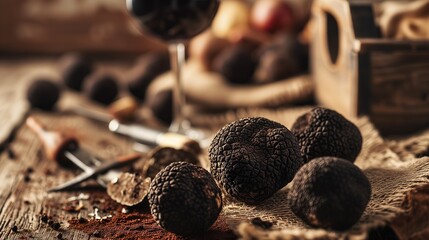 Artisanal Culinary Experience: Black Truffles and Wine on Rustic Table