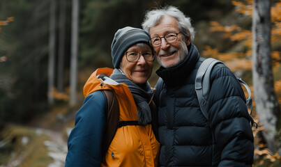 Portrait of smiling older spouses posing for camera outdoors, wear warm clothes enjoy time together and walk in autumn forest. Love, relations, happy marriage concept