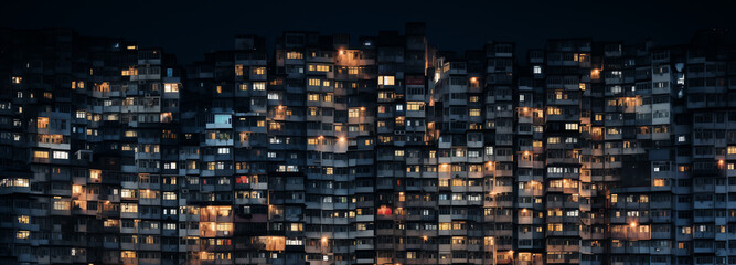 Apartment block windows at night tall generative ai - obrazy, fototapety, plakaty