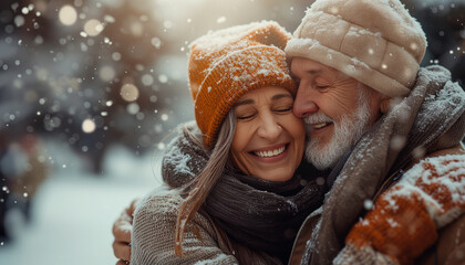 Close up faces of laughing mature spouses hugging outdoors, weare warm winter lothes enjoy time together and walk in winter forest, falling snow on background - Powered by Adobe