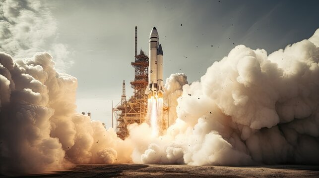 Take-off of space rocket at test site. Cosmodrome and launch of the spacecraft. Science and technology.