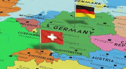 Germany and Switzerland - pin flags on political map - 3D illustration