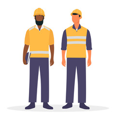Vector illustration of constructor builders in uniform and safety helmet. Vector illustration in flat cartoon style. 