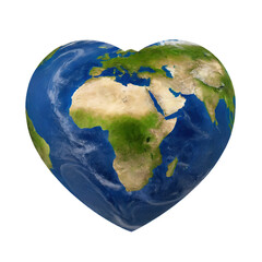 Planet Earth in the shape of a heart - isolated on transparent background