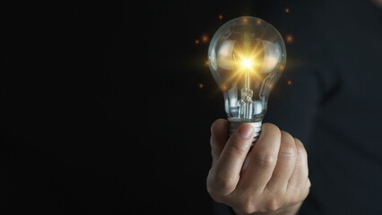 Idea innovation and inspiration concept. Hand of man holding illuminated light bulb, concept creativity with bulbs that shine glitter. Inspiration of ideas for sustainable business development