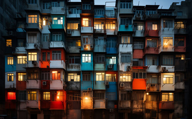 Apartment block windows at night tall generative ai