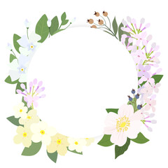 Round frame with lilac flowers, periwinkle and berries isolated on a white background. Vector illustration.