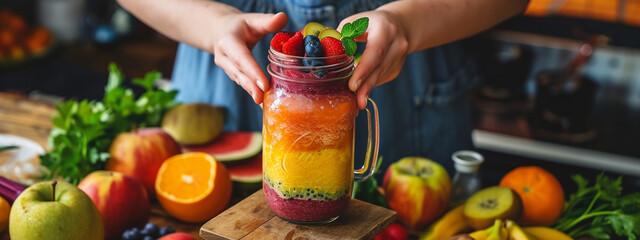 a woman holds a jar of fruit smoothie in her hands, on a background of fruits - obrazy, fototapety, plakaty