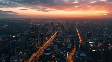 Obraz premium Dusk Over Metropolis: Aerial View of Cityscape with Glowing Streets at Twilight