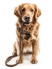 Cute Golden Retriever pup carrying leash in mouth against white backdrop.