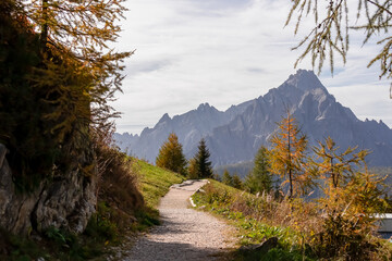 Scenic hiking trail on mount Helm (Monte Elmo) in Carnic Alps at Austria Italy border. Panoramic view of summit Dreischusterspitze in majestic mountain range of untamed Sexten Dolomites, South Tyrol