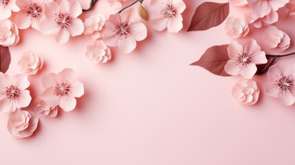 Beautiful sakura flowers on pink background, flat lay. Space for text