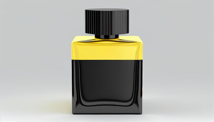 A frontal perspective On a white background, a black fragrance bottle with a yellow lid is isolated.