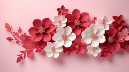 Naklejka na ściany i meble Red and white paper flowers on pink background