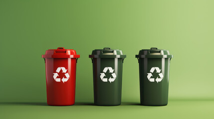 colorful recycling bins with symbols on green background - obrazy, fototapety, plakaty