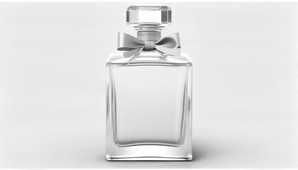 A translucent scent bottle in front, isolated on a white background