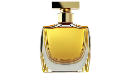 A front view yellow fragrance in bottle isolated on white background