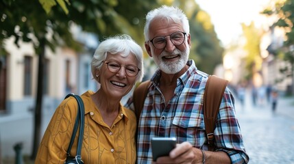 Joyful Senior Couple Using Smartphone on a Picturesque City Street at Sunset
