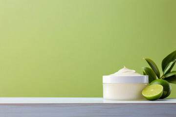 organic face cream with lime on white bathroom shelf