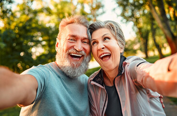 Portrait of a positive, confident, smiling gray-haired couple of senior people holding a phone...
