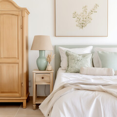 Closeup Modern Bedroom Mint green lamp white wood lamp stand with mint green bed pillows. French Country Interior Design

