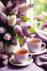 Obraz na płótnie Canvas Fabulous lilac flowers godecia good morning a cup of hot tea
