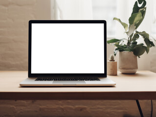 Fototapeta premium Laptop screen mockup, white isolated empty computer screen, open laptop standing on table