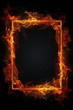 Empty picture frame in fire embers particles over black background. Fire sparks around Generative AI