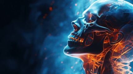 Within the X-ray,  a luminous blue skeletal structure fades into darkness,  punctuated by bursts of orange light for pain,  with a normal human head