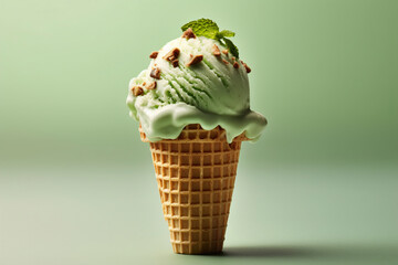 A stunning mint chocolate chip ice cream cone on a mint background. (Generative AI)