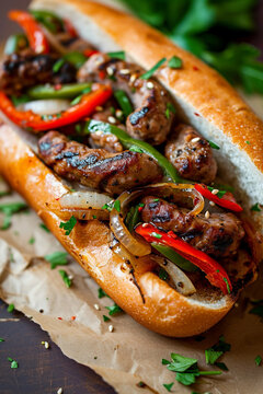 Hot Dog With Vegetables And Meat, With Chili Pepper