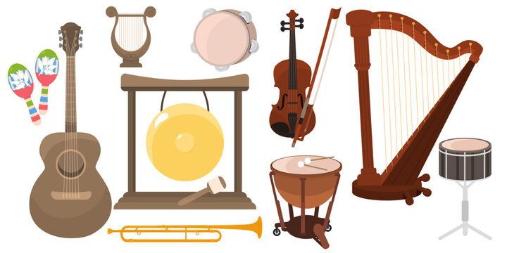 Set of classical symphonic musical instruments. Wind, string and percussion musical instruments. Classical music. Flat drawing style. Isolated on a white background.