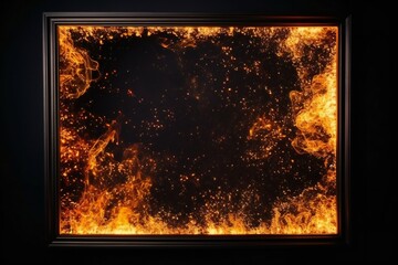 Empty picture frame in fire embers particles over black background. Fire sparks around Generative AI