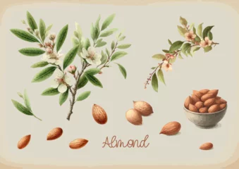 Poster Watercolor Almond vintage retro poster design. Vector almond illustration, fruits theme. © ku4erashka
