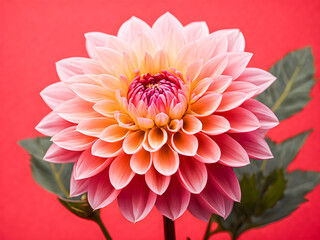 Fototapeta premium Beautiful pink dahlia flower on red background, close up