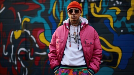 Obraz na płótnie Canvas Cool and confident man in '90s hip-hop fashion against a graffiti wall