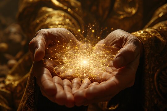 Spiritual healing theme with golden Flower of Life backdrop and male hands with shining white star.