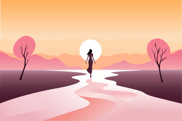 woman walking down a path towards sunset, confident woman going forward inspiration with her life goals, vector illustration - obrazy, fototapety, plakaty